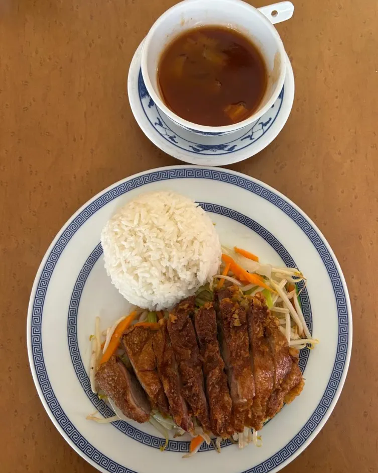 Knusprige Ente mit Reis, Gemüse und einer Schale dunkler Sauce